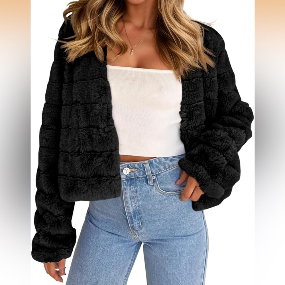 Lux Faux Fur Cropped Jacket - Black (M)